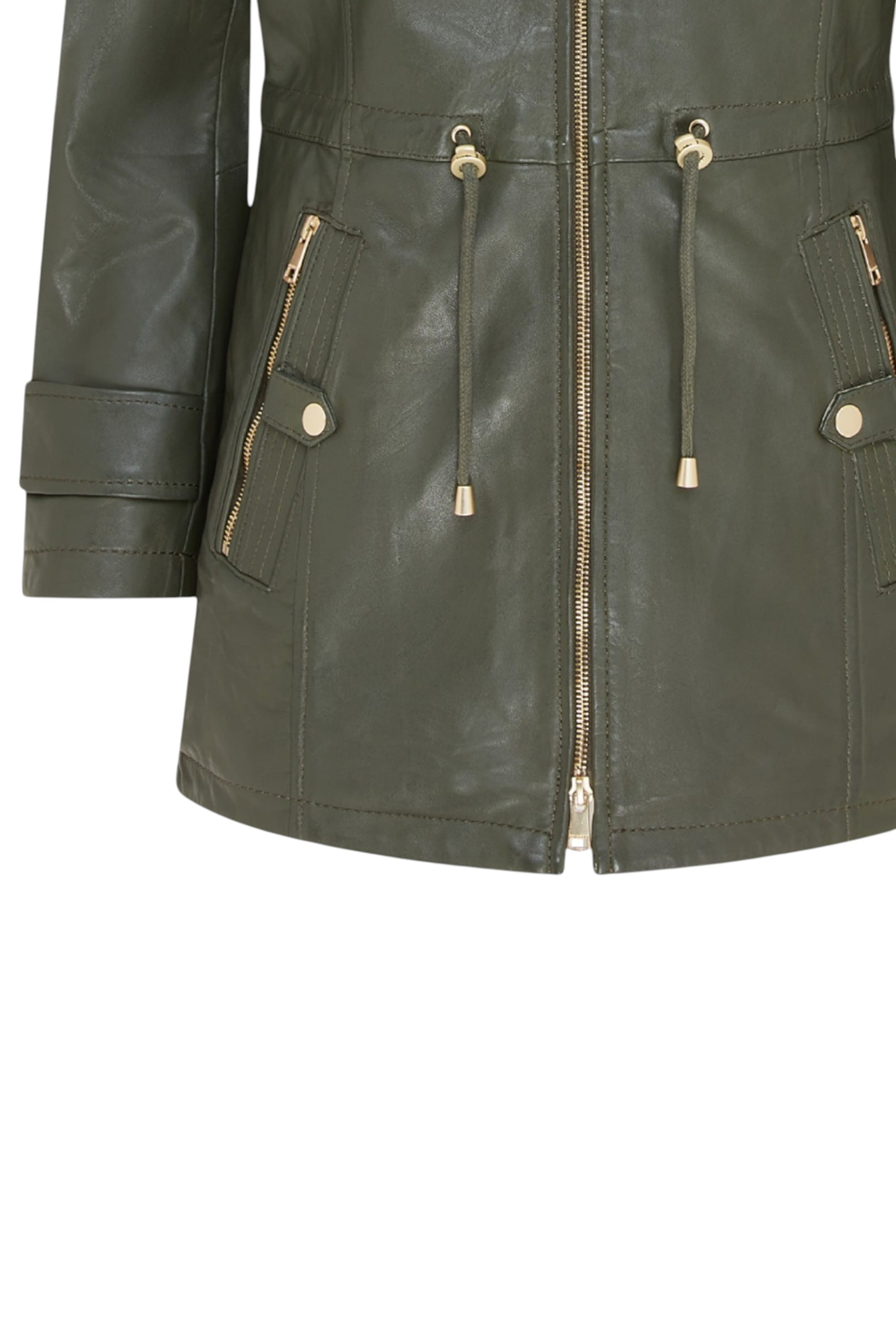 Green Leather Parka Hooded Trench Coat-Emilia, Image 7 of 8
