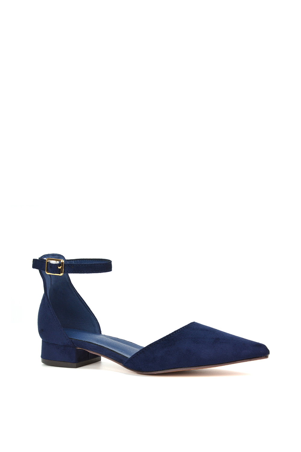 Navy XY LONDON Navy 'Jenny' Low Heel Flat Pointed Toe Ankle Strap Court Shoes, Image 2 of 5