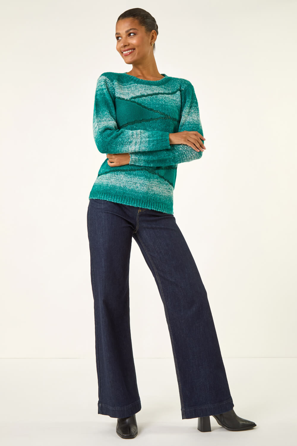Teal Colour Block Knit Jumper, Image 3 of 5