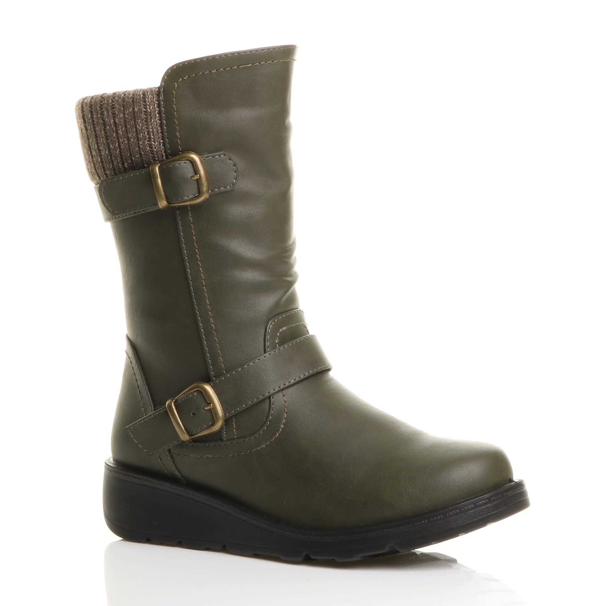 Black Low Wedge Heel Comfort Calf Biker Boots