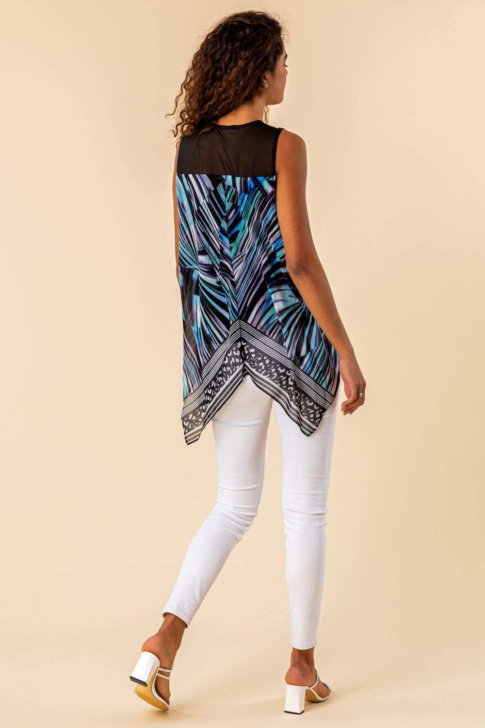 Blue Abstract Print Asymmetric Hem Top, Image 3 of 4