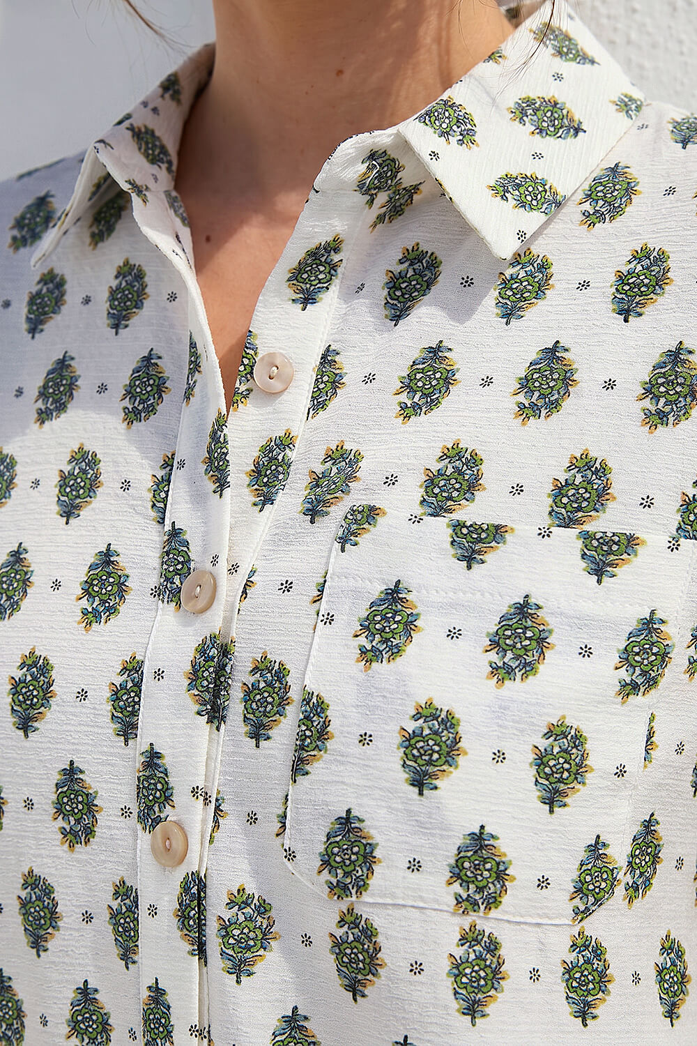 Ivory Petite Border Print Button Up Blouse , Image 5 of 4