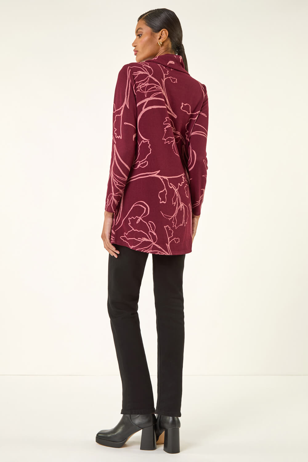 Burgundy Printed Cowl Neck Stretch Top, Image 4 of 5
