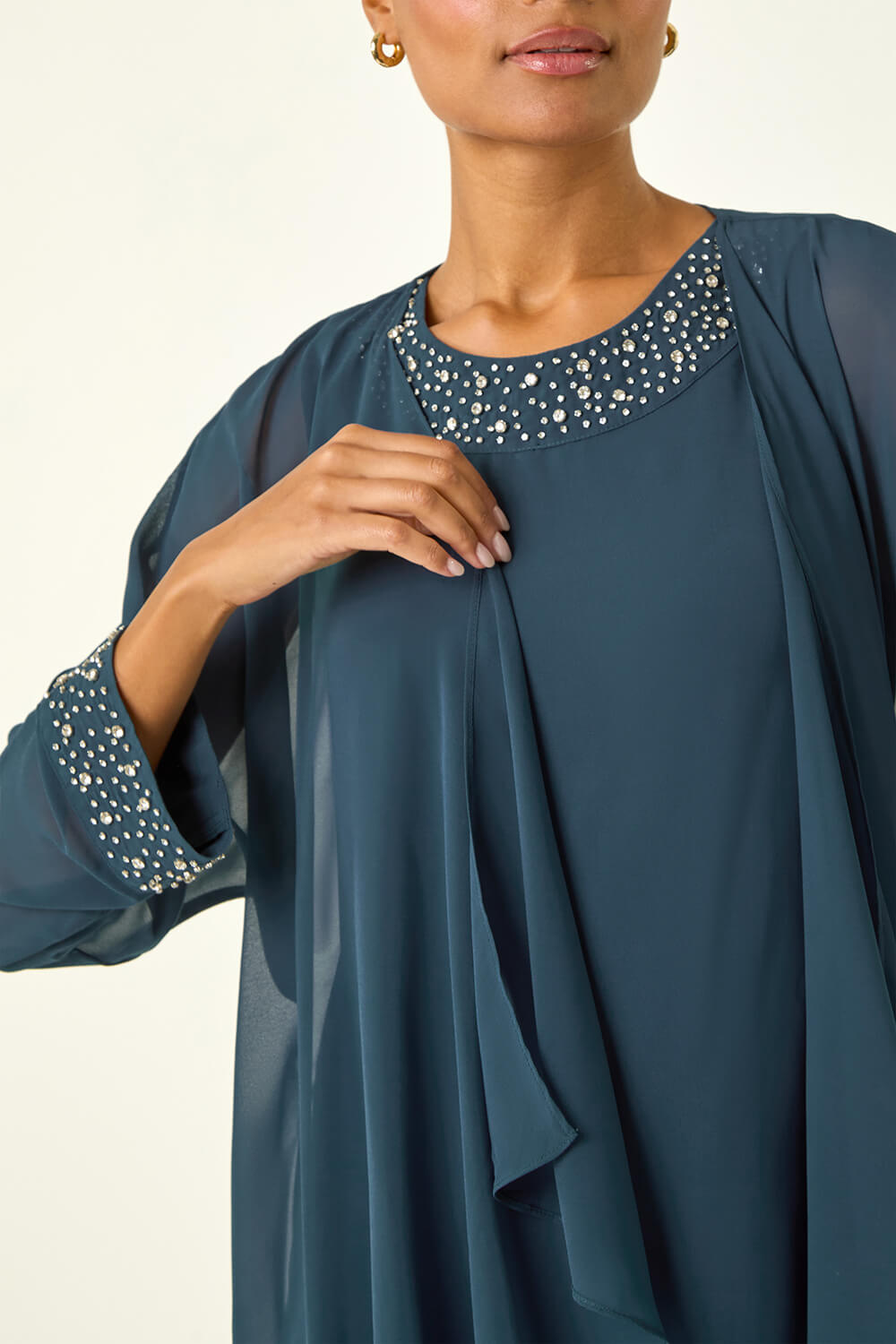 Teal Embellished Shift Dress & Shrug, Image 6 of 6