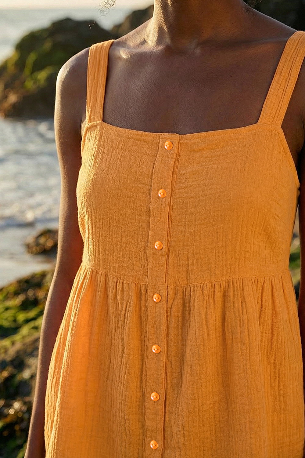 Orange Cotton Button Through Shirred Vest Top, Image 5 of 4