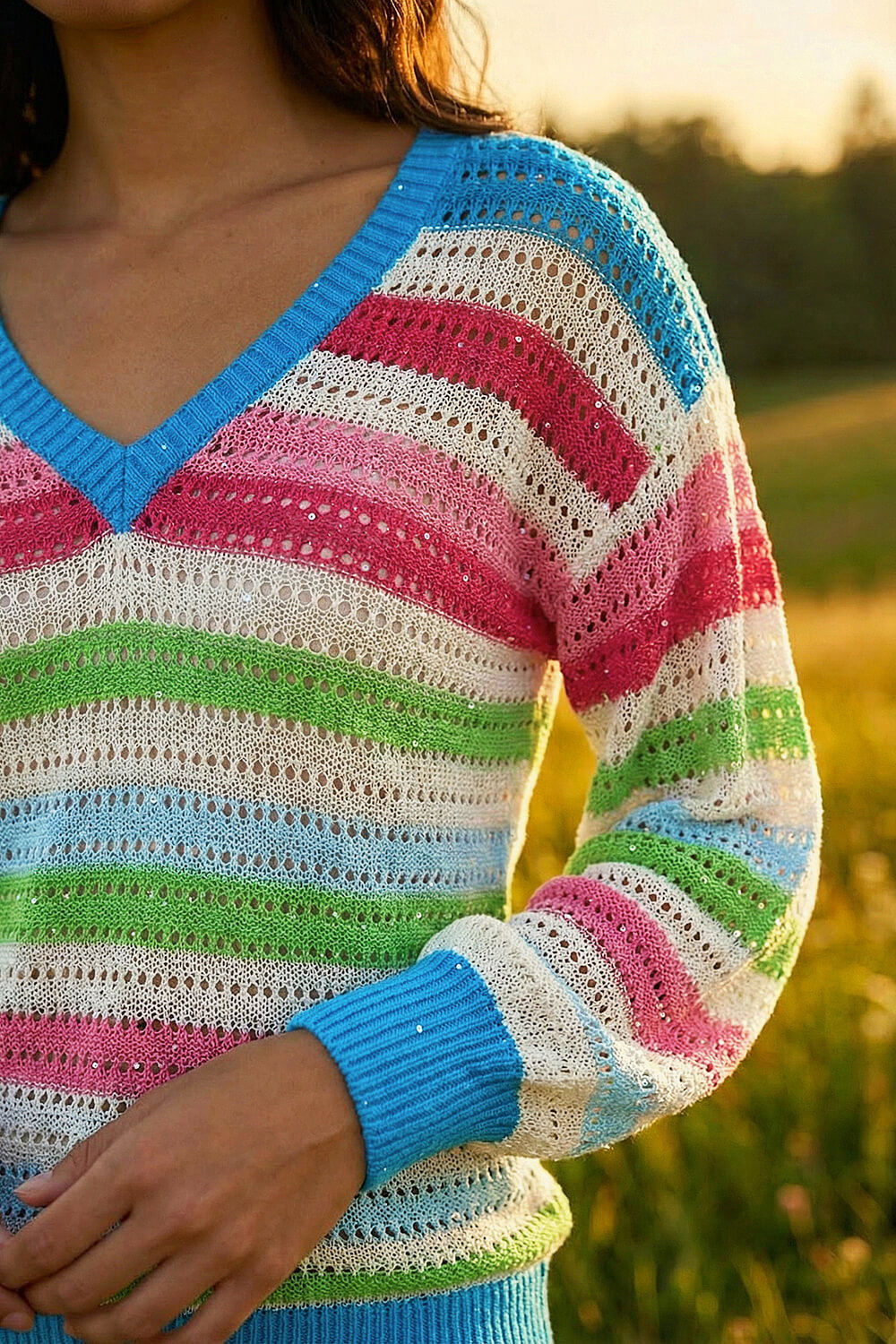 Blue Sequin Stripe V-Neck Jumper, Image 5 of 4