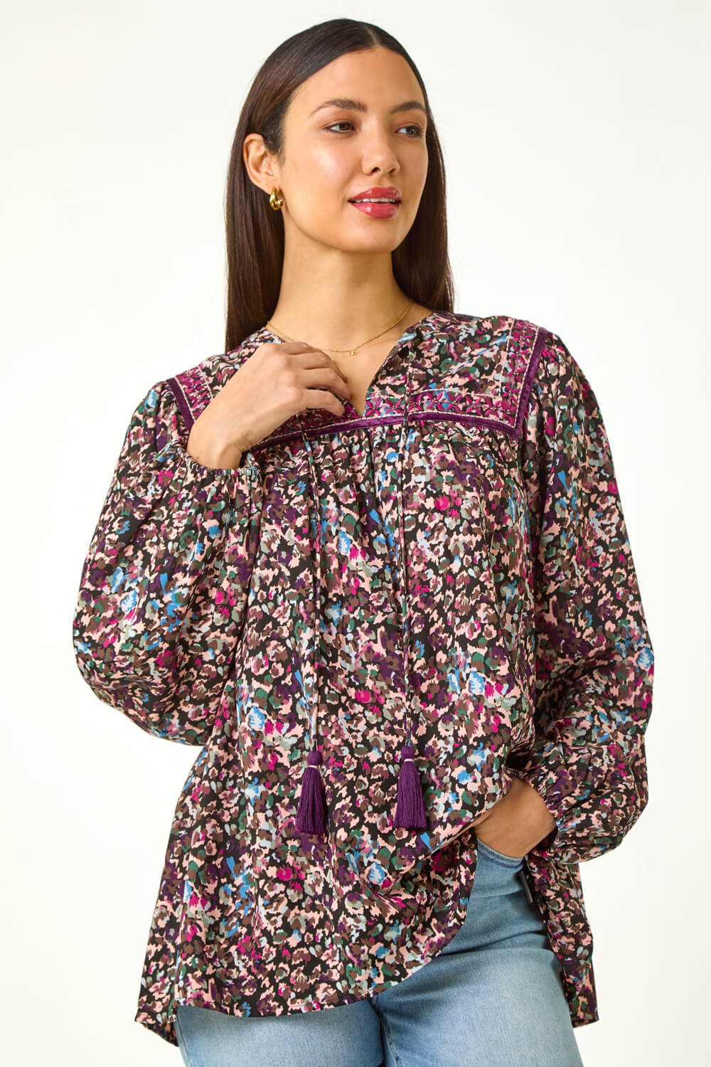 Purple Floral Print Tie Front Top, Image 5 of 5