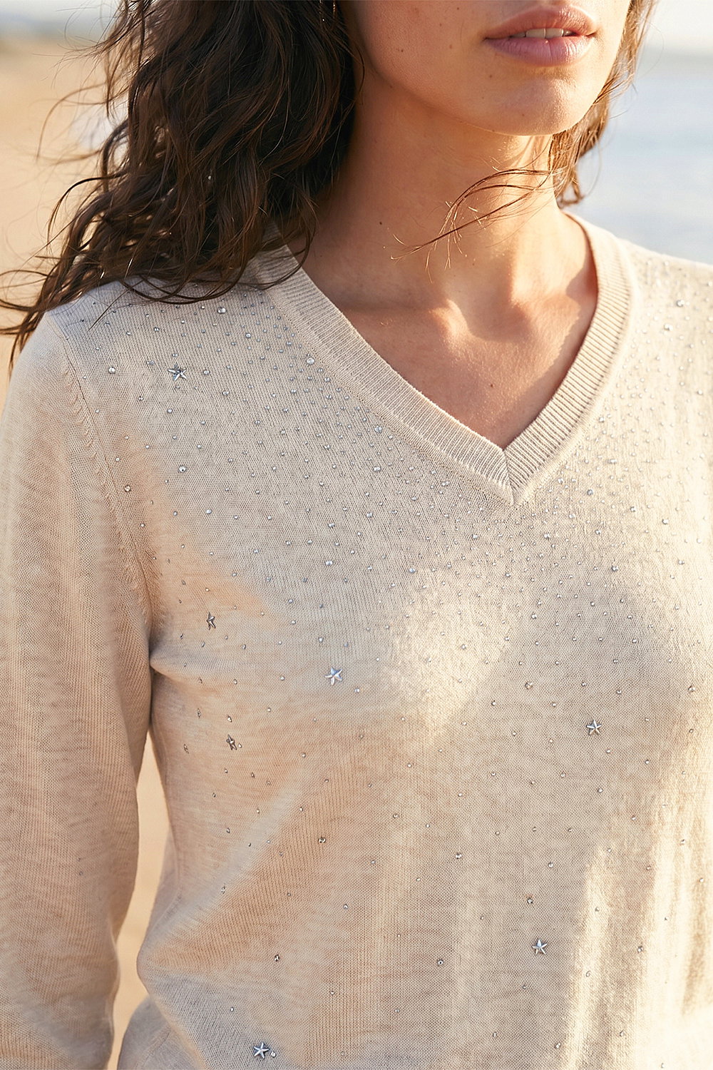Cream  V-Neck Star Hotfix Jumper, Image 5 of 4