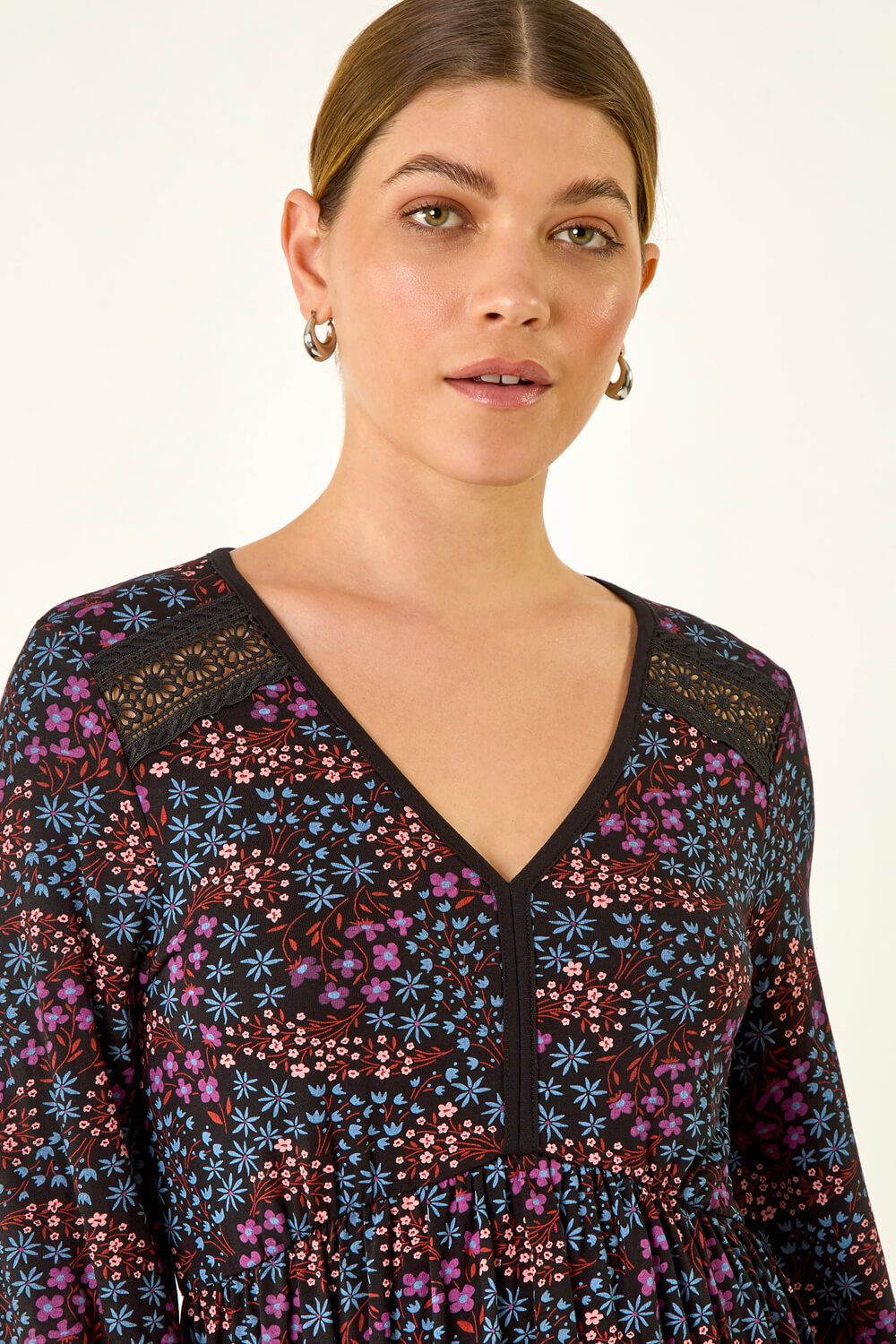 Purple Print Trim Detail Stretch Dress, Image 5 of 5