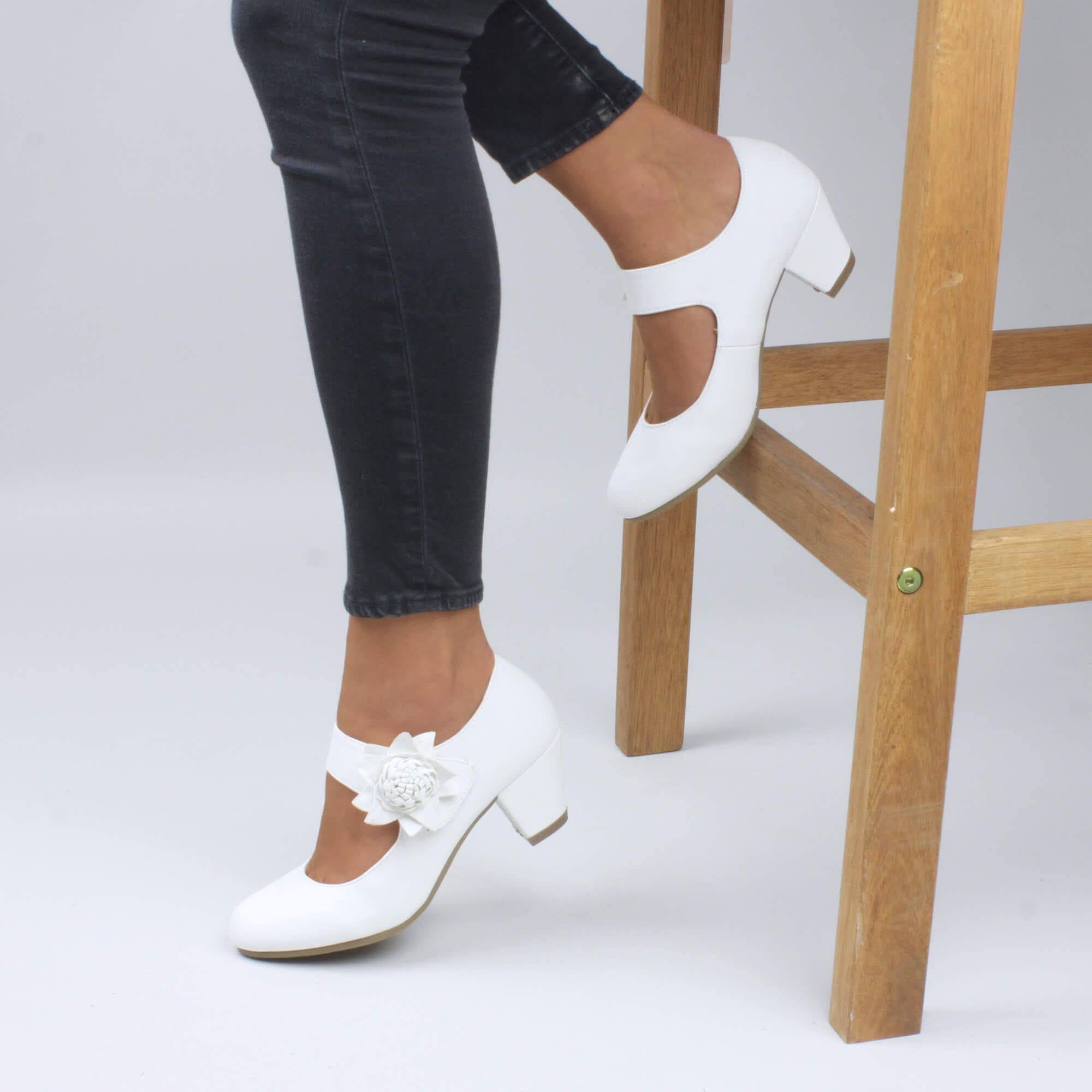 White AJVANI White Mid Block Heel Mary Jane Comfort Court Shoes, Image 5 of 6