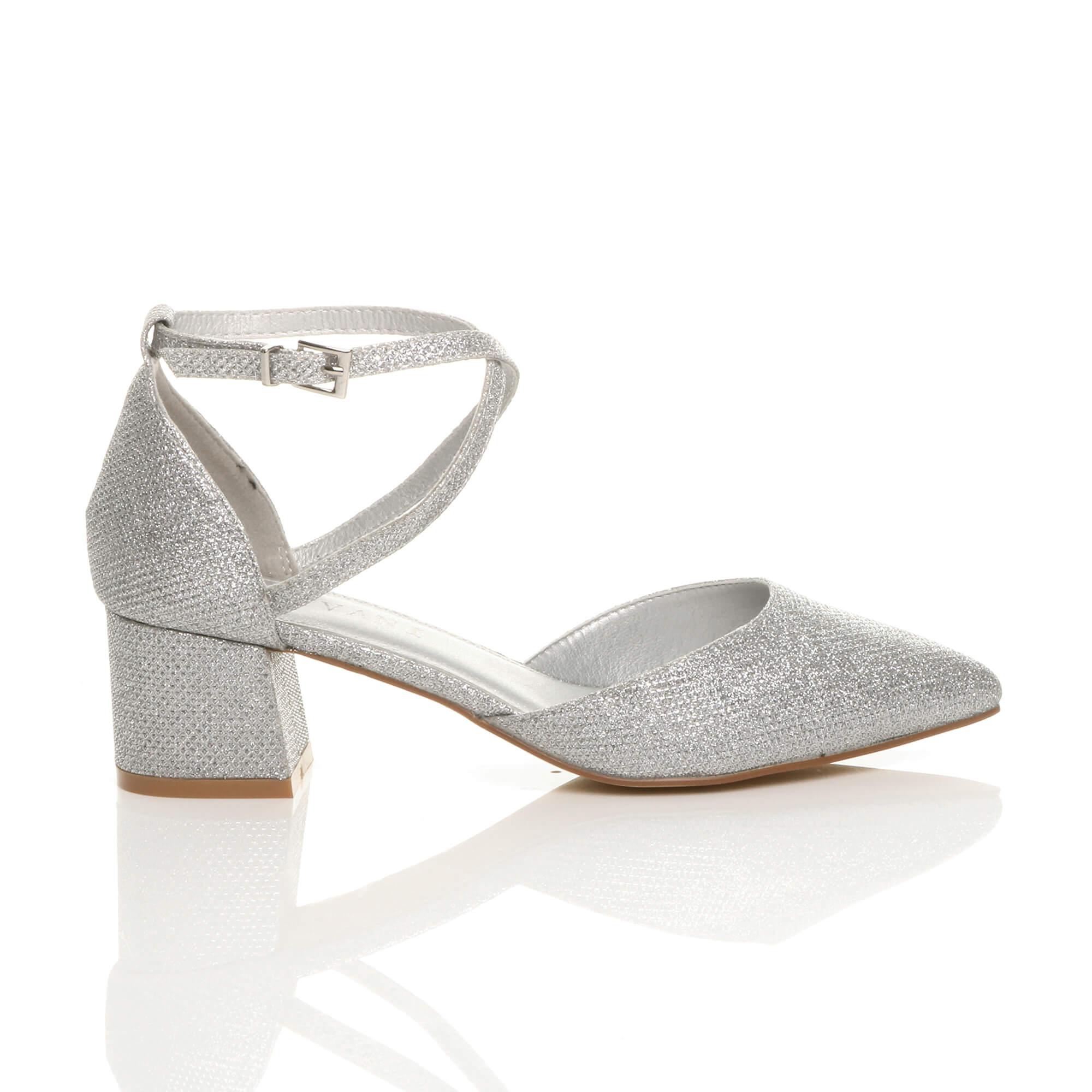 Silver Mid Block Heel Crossed Straps Pointed Toe 2 Part Heels, Image 2 of 6