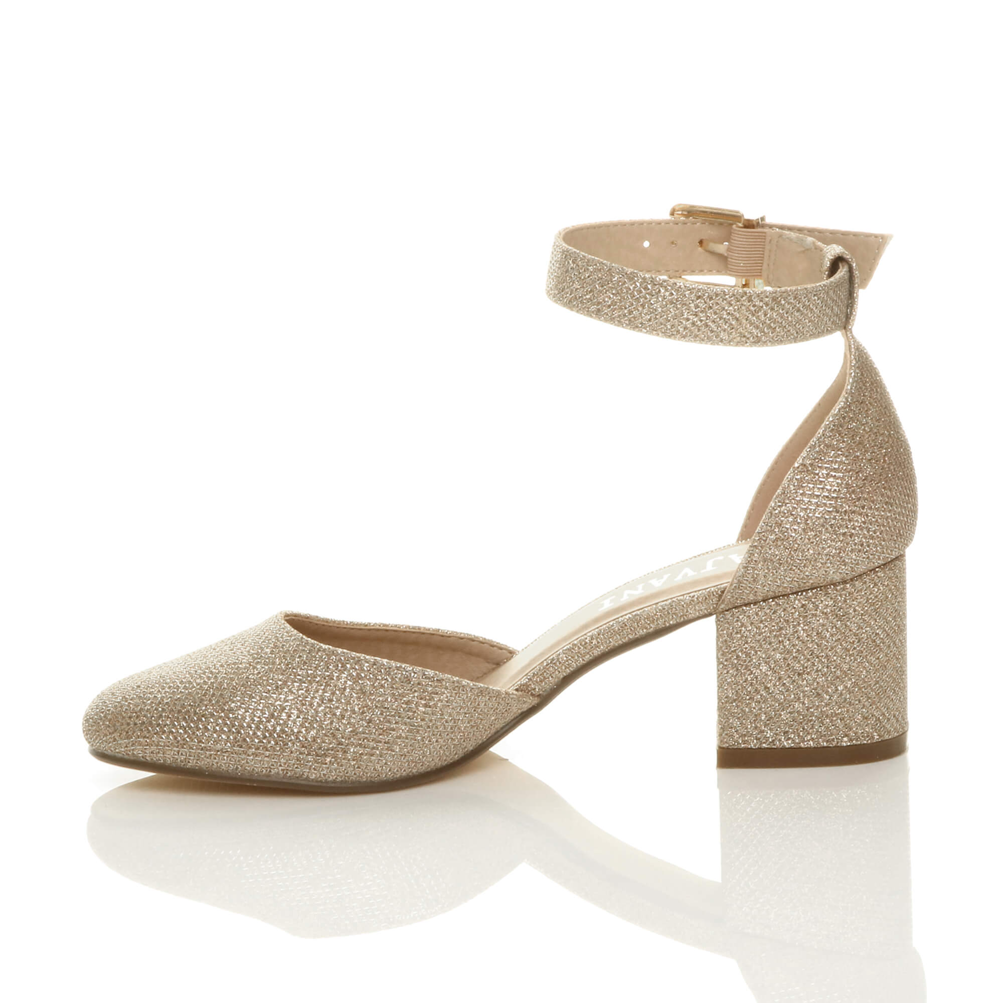 Gold Mid Block Heel Ankle Strap 2 Part Heels, Image 3 of 6