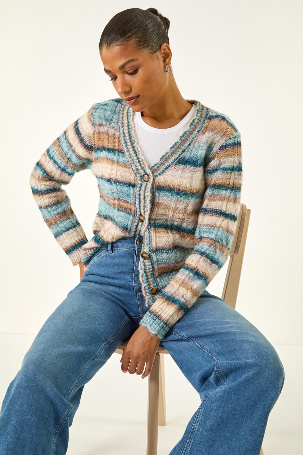 Light Blue Stripe Buttoned Cable Knit Cardigan, Image 4 of 5