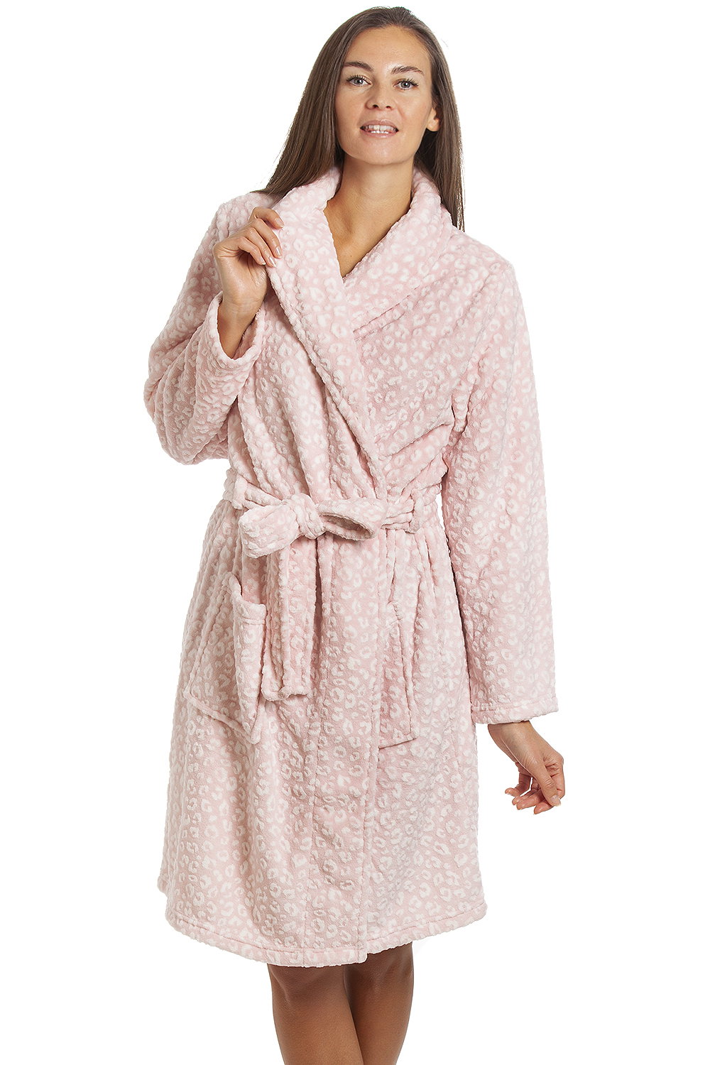 Light Pink Supersoft Shawl Collared Leopard Print Bathrobe, Image 1 of 5