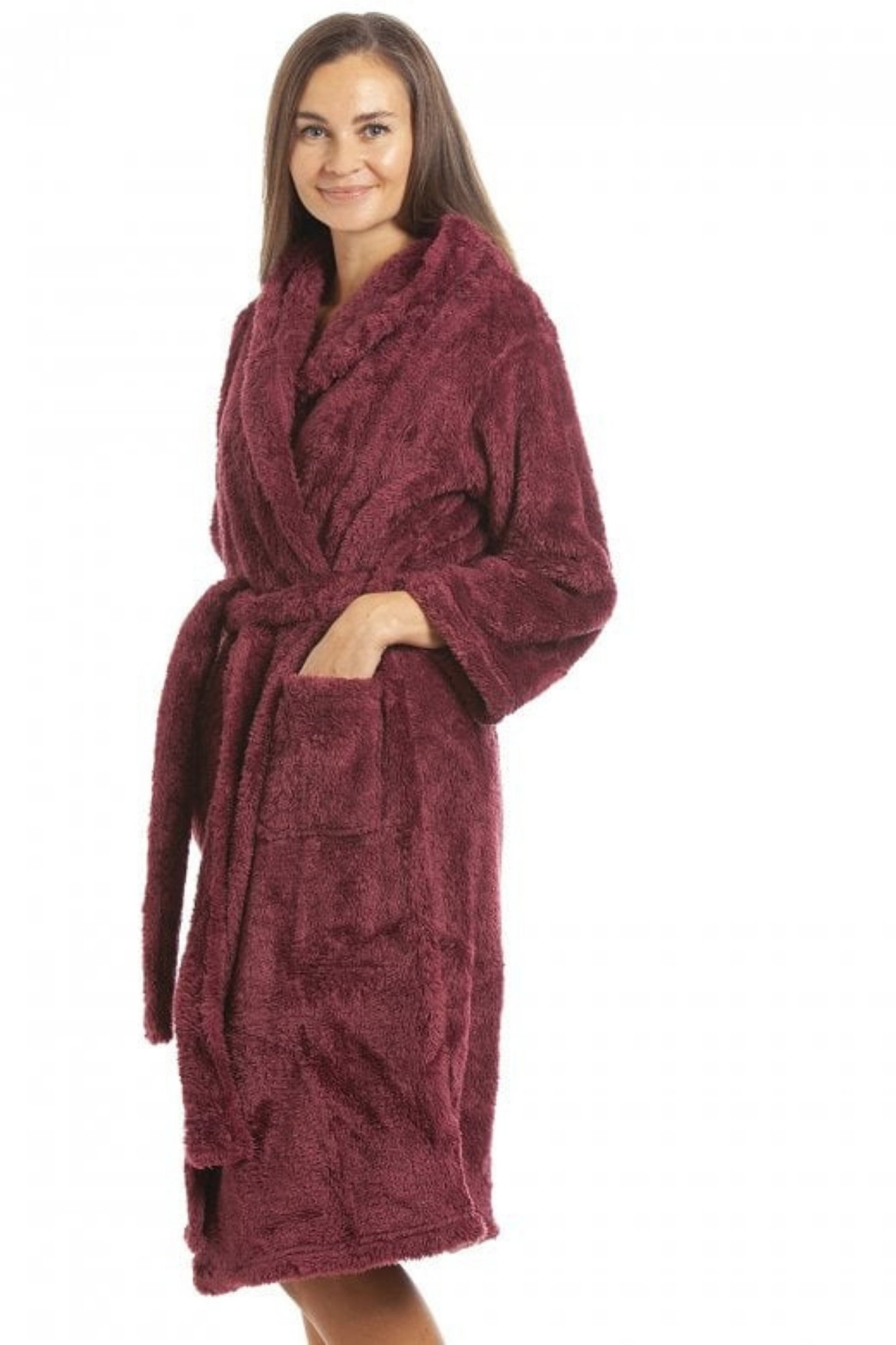 Burgundy Camille Lingerie Burgundy Supersoft Fleece Hooded Bathrobe, Image 2 of 3