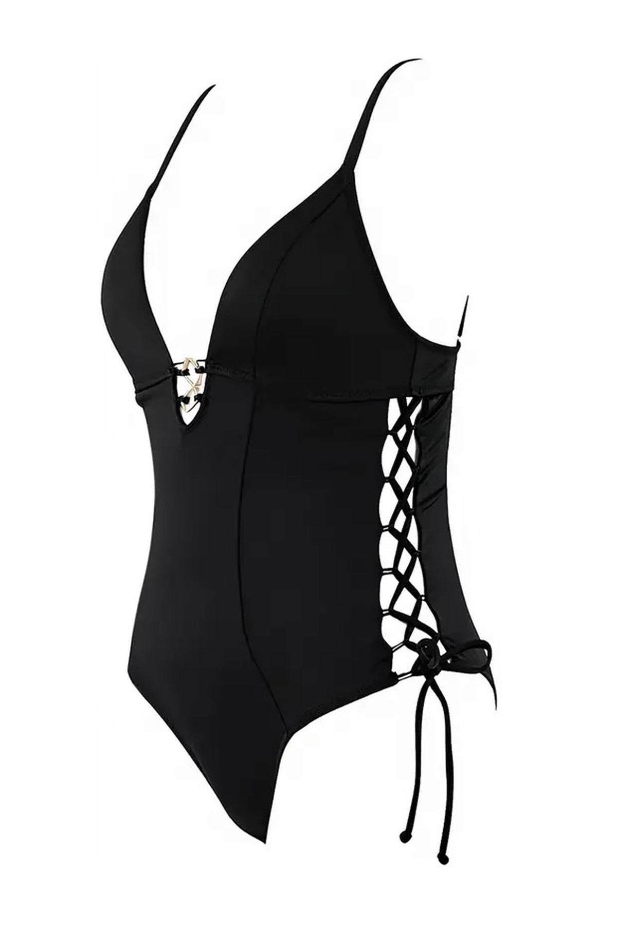 Black Plunge Neck Tie Side Detail Fitted Swimsuit, Image 4 of 5