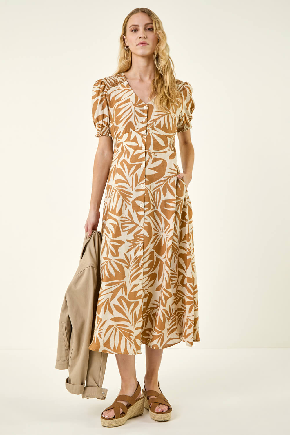 Camel  Abstract Print Button Midi Dress, Image 3 of 5