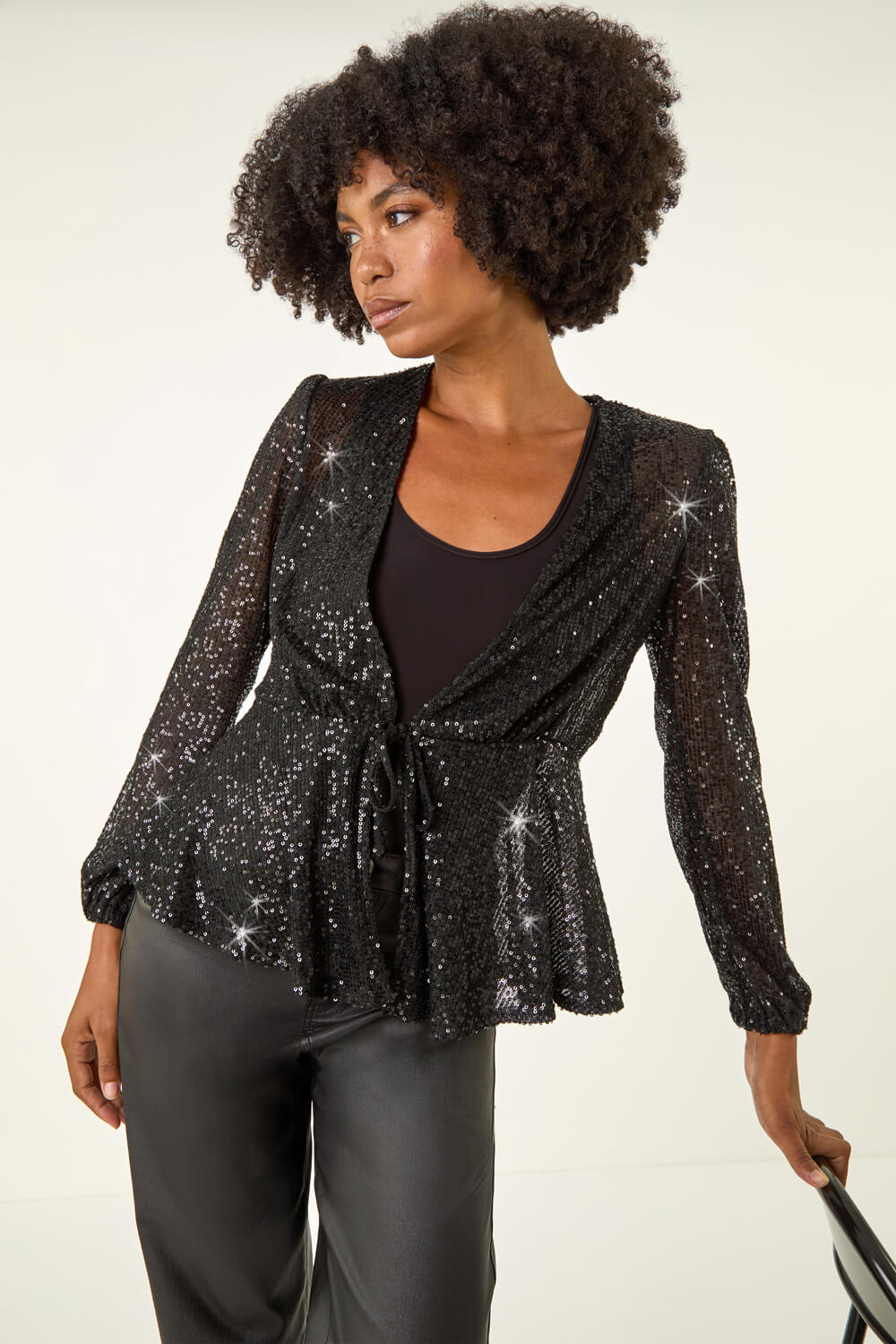 Black Sequin Tie Front Stretch Top, Image 1 of 5