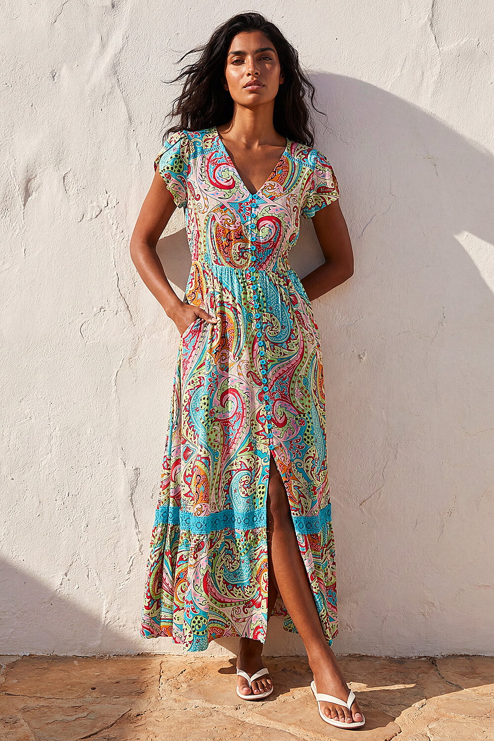 Light Blue Paisley Print Shirred Waist Maxi Dress, Image 3 of 4