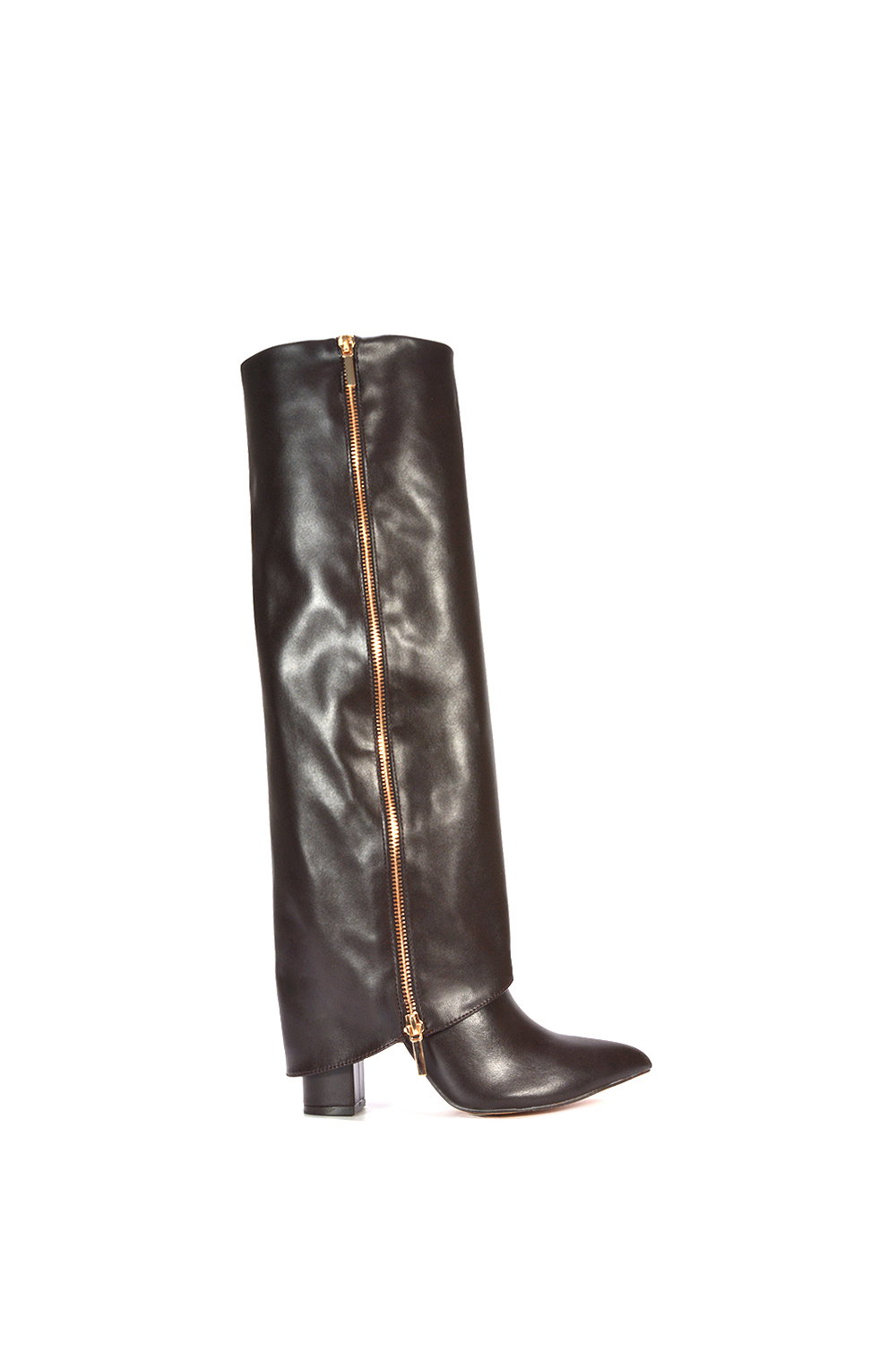 Black 'Allie' Knee High Boots Fold Over Point Toe Deco Zip