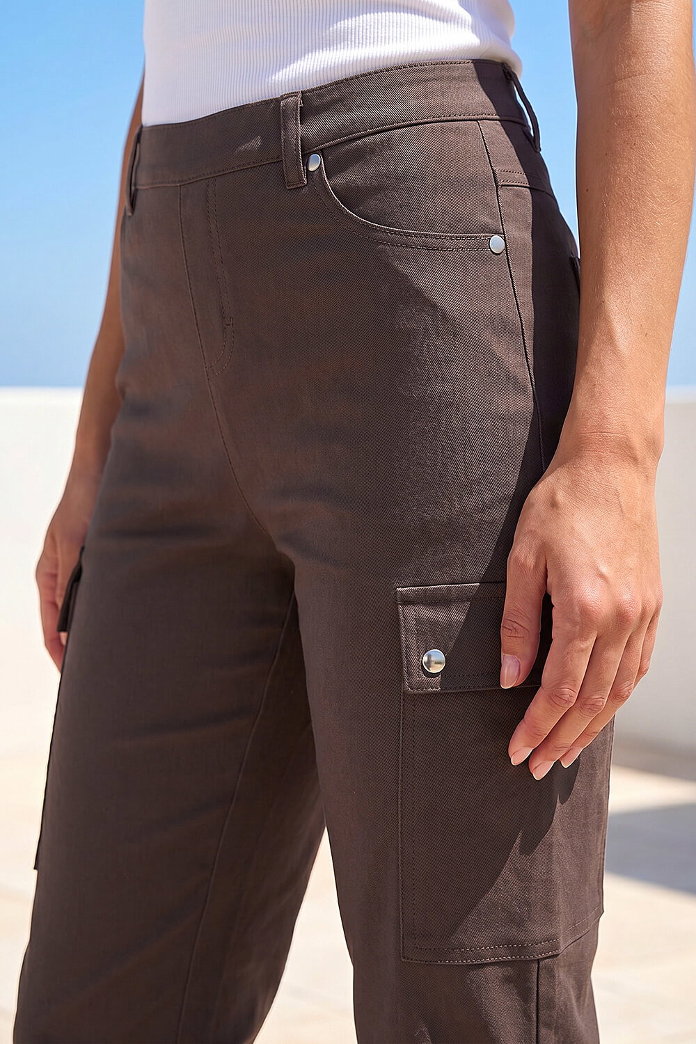 Chocolate Turn Up Stretch Cargo Trousers, Image 5 of 4