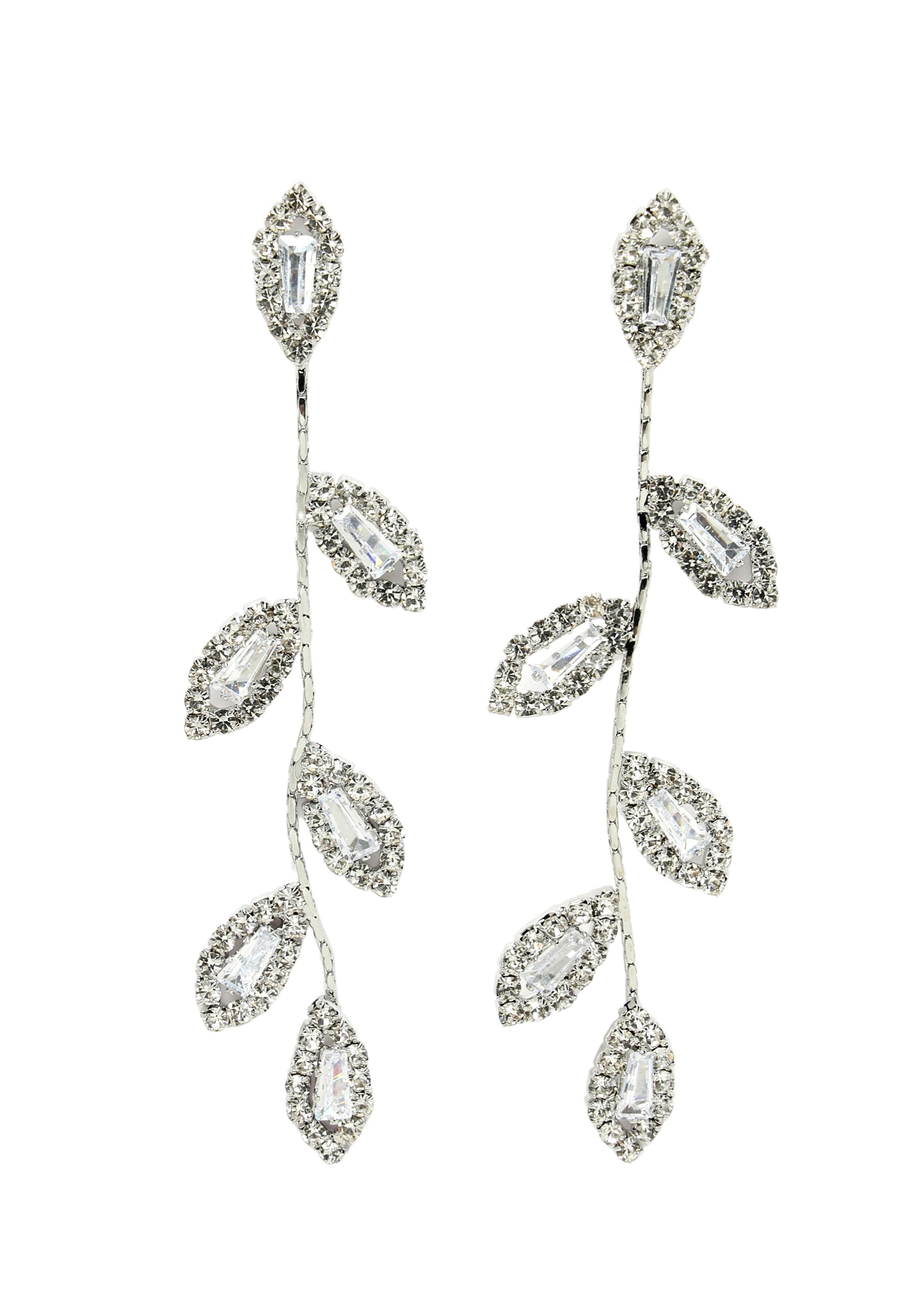Metallic Silver-Colored Crystal Leaf Drop Earrings