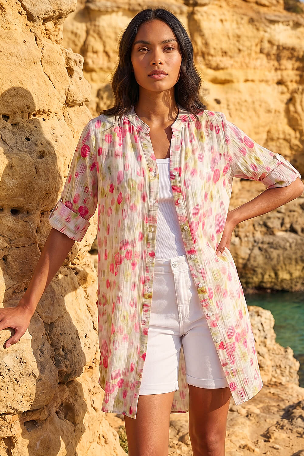 Pink Floral Print Longline Blouse, Image 1 of 4