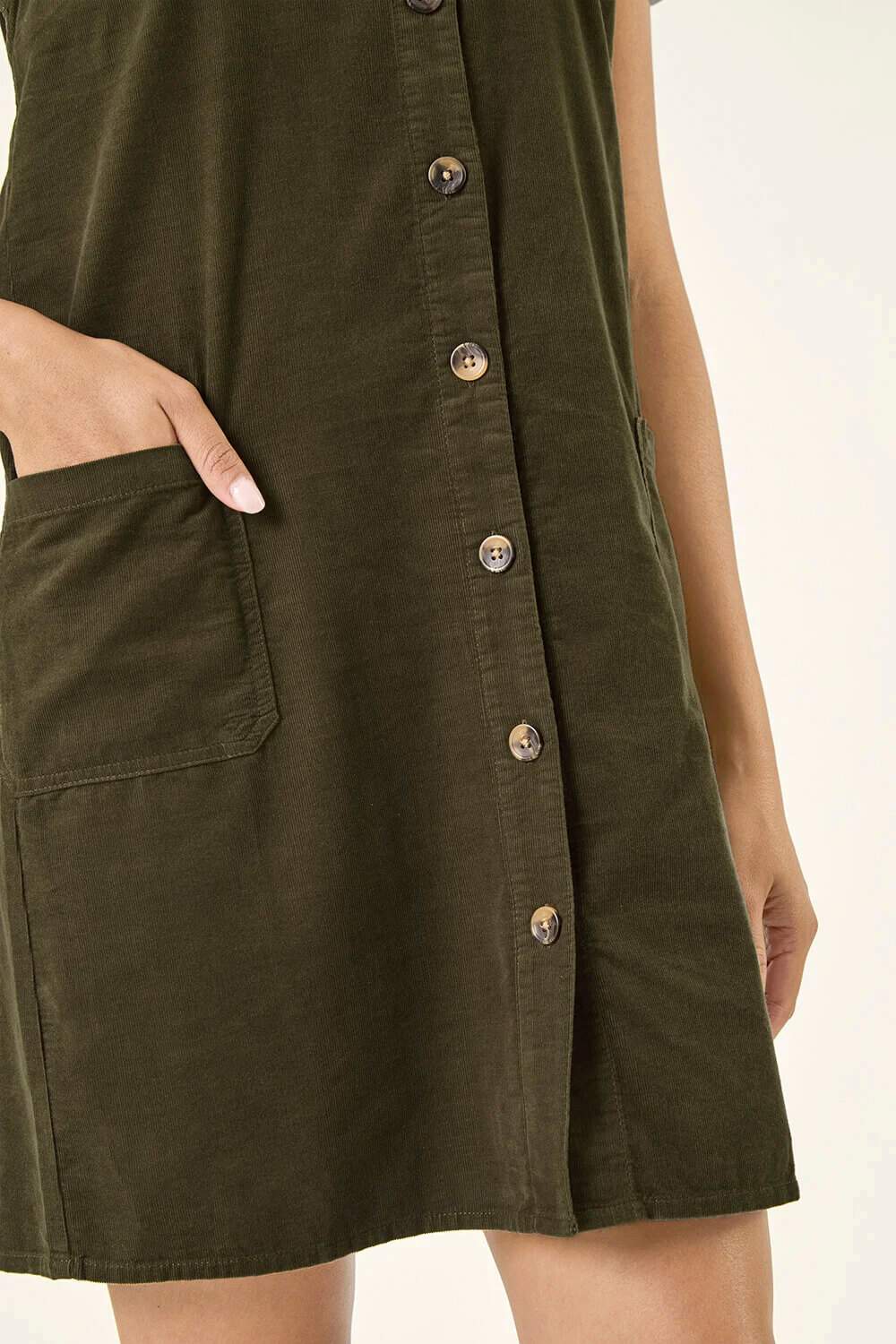 Khaki Cotton V-Neck Button Pocket Dress, Image 7 of 6
