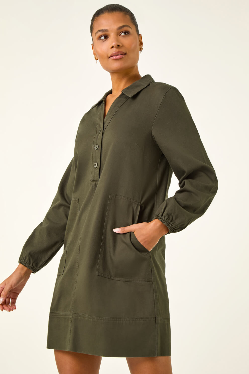 KHAKI Collared Shift Shirt Dress, Image 3 of 5
