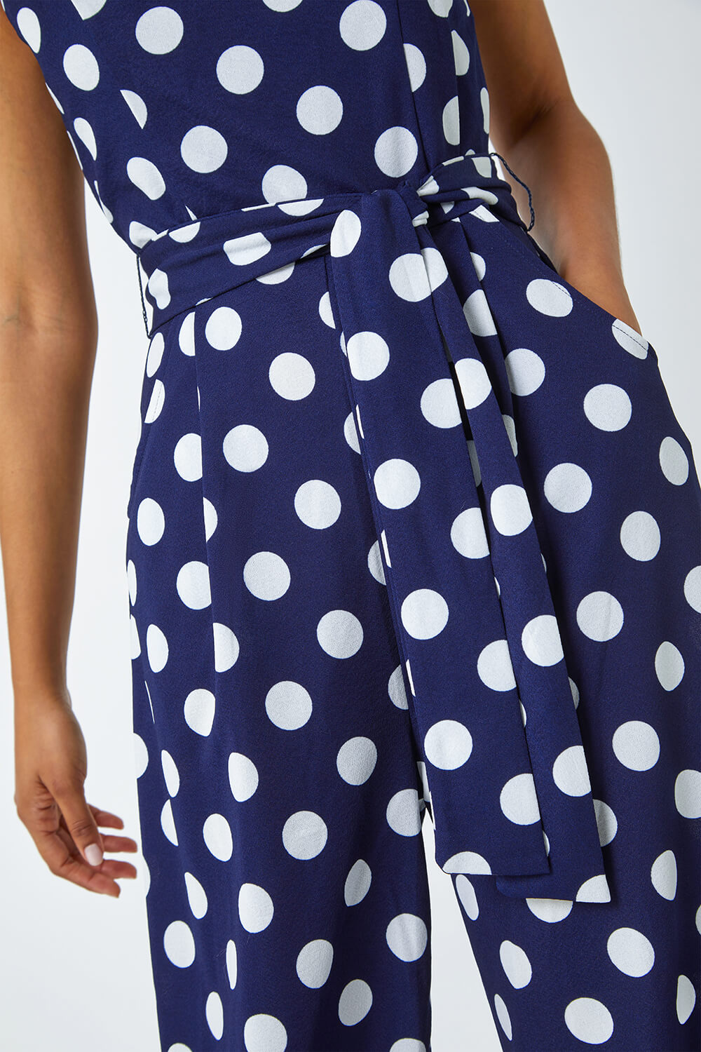 Navy  Spot Print Belted Jumpsuit, Image 6 of 5