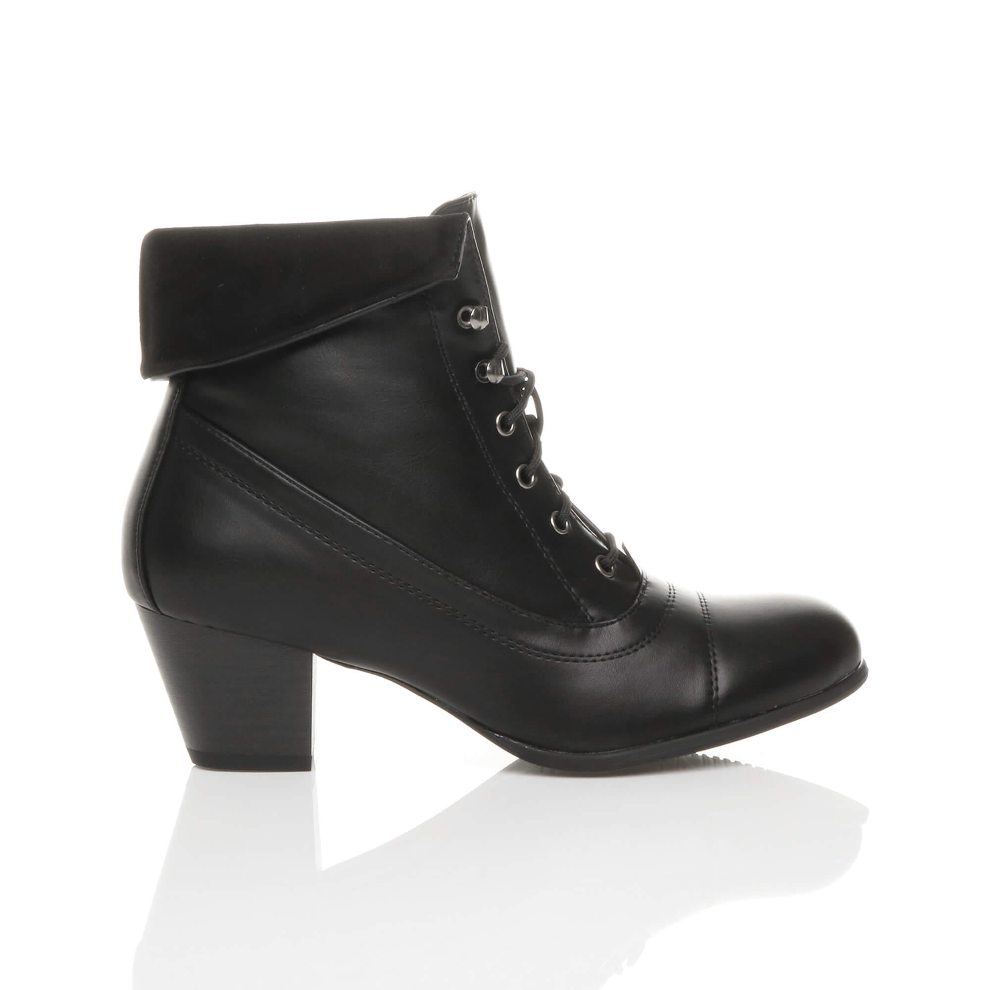 Black Mid Cuban Heel Pixie Lace Up Granny Ankle Boots, Image 2 of 8