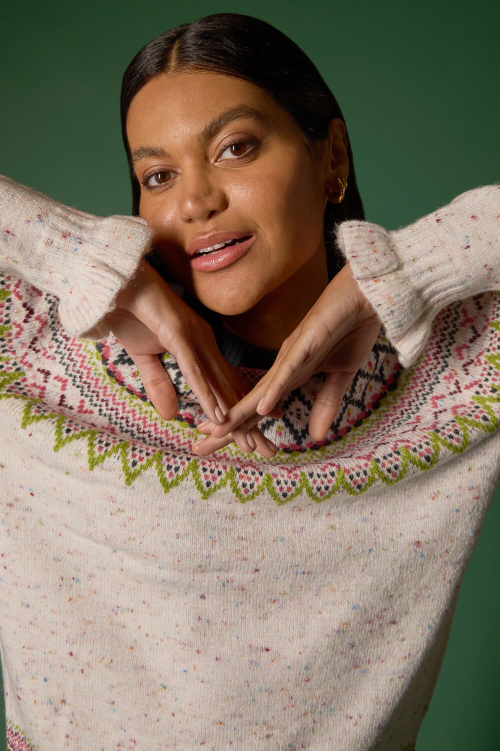 Multi Fairisle Frill Detail Stretch Jumper, Image 1 of 7
