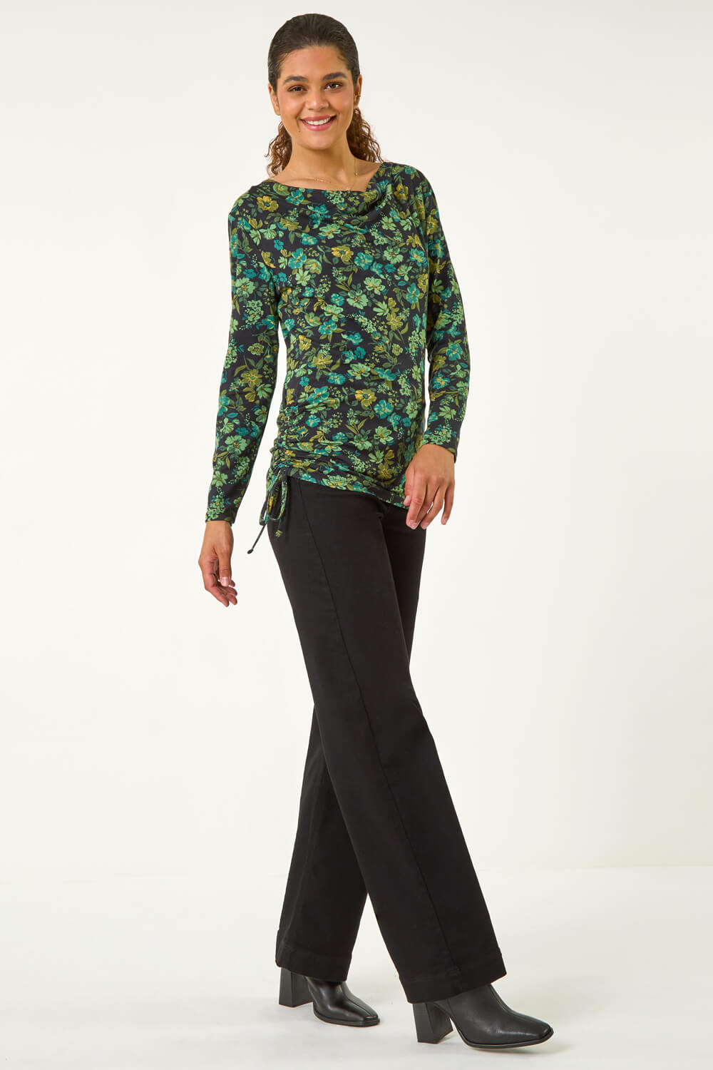 Green Ruched Floral Cowl Neck Top, Image 3 of 5