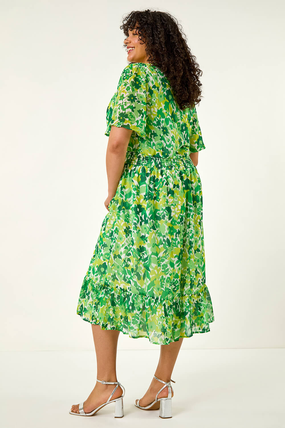 Green Curve Floral Button Detail Midi Dress, Image 4 of 5