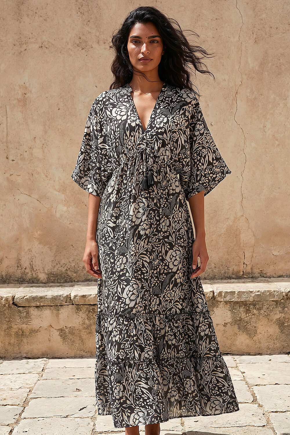 Black Boho Floral Print V-Neck Maxi Dress, Image 3 of 4