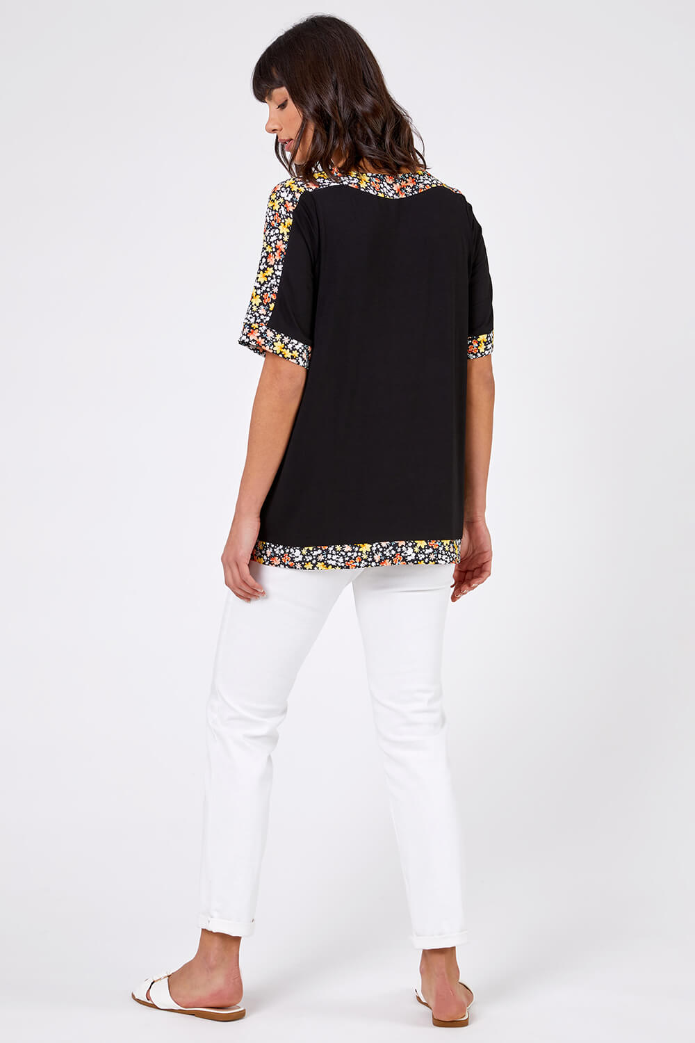 Black Floral Print Contrast Jeresey Top, Image 4 of 4