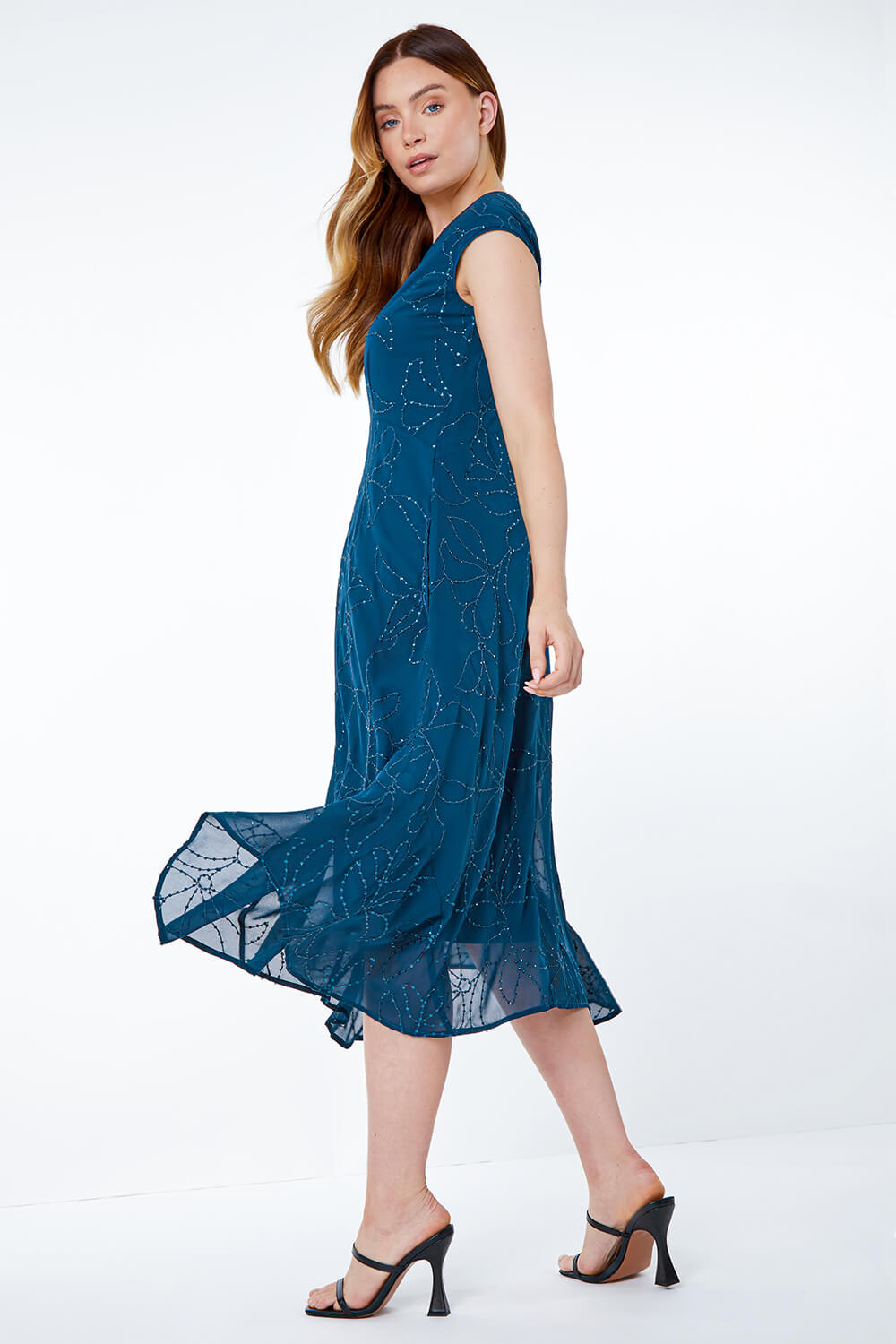 Teal Embroidered Sequin Chiffon Hanky Hem Dress, Image 4 of 5