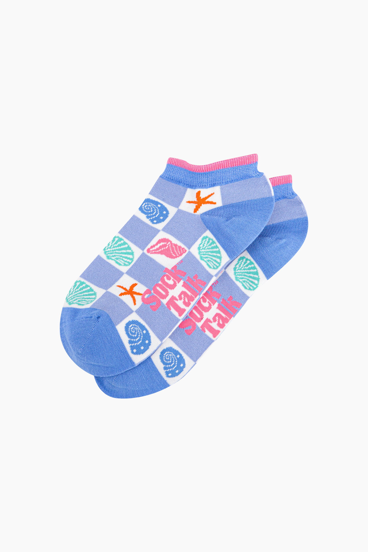 Blue Seashell Checkerboard Bamboo Trainer Socks, Image 3 of 4