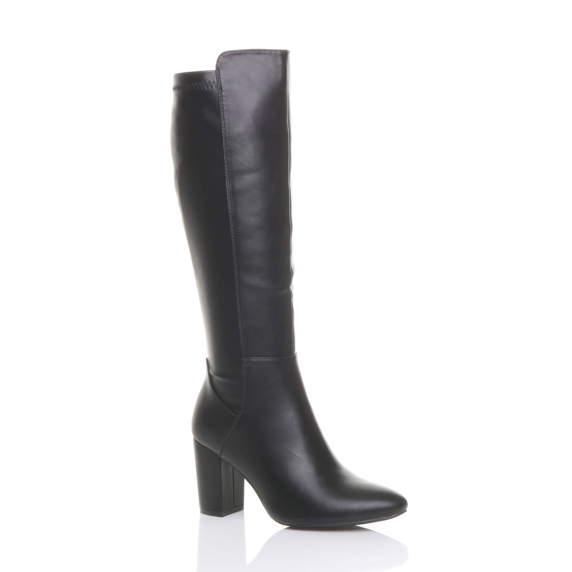 Black High Block Heel Stretchy Calf Boots, Image 2 of 5