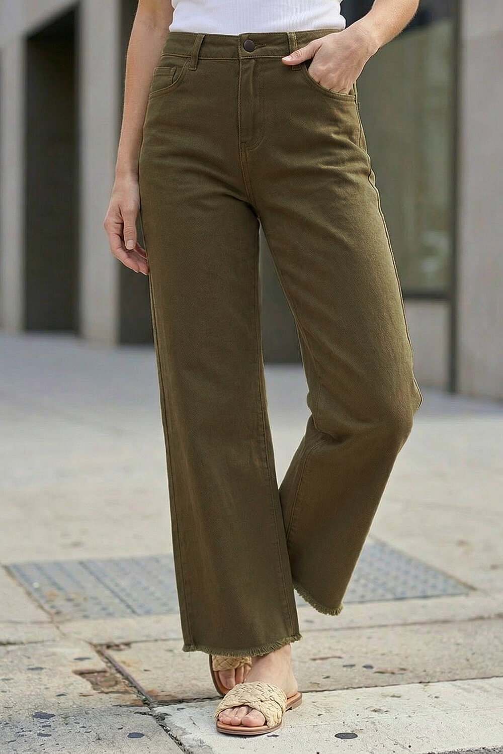 Khaki Petite Cotton Frayed Hem Trouser , Image 3 of 4