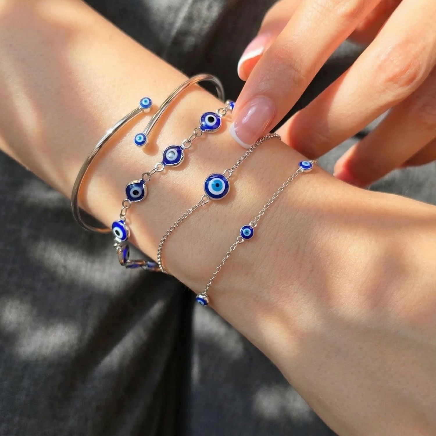 Silver Turkish Blue Evil Eye Minimalist Sterling Silver Bangle, Image 4 of 5