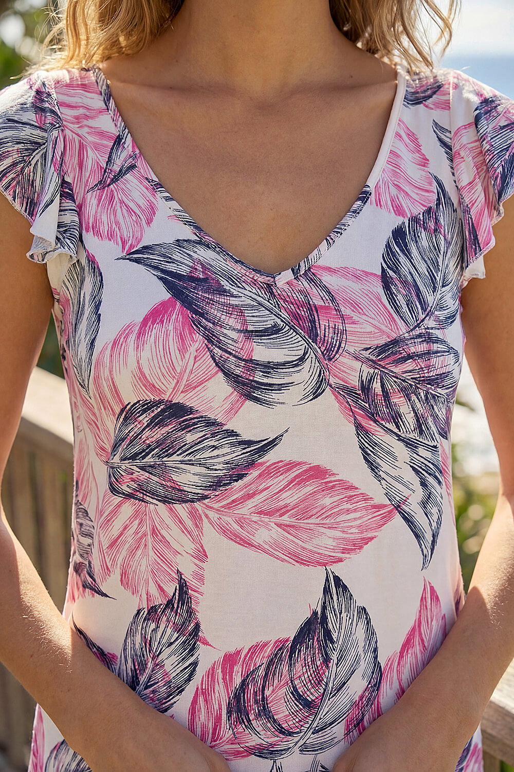 Pink Leaf Print Frill Stretch Top, Image 5 of 4