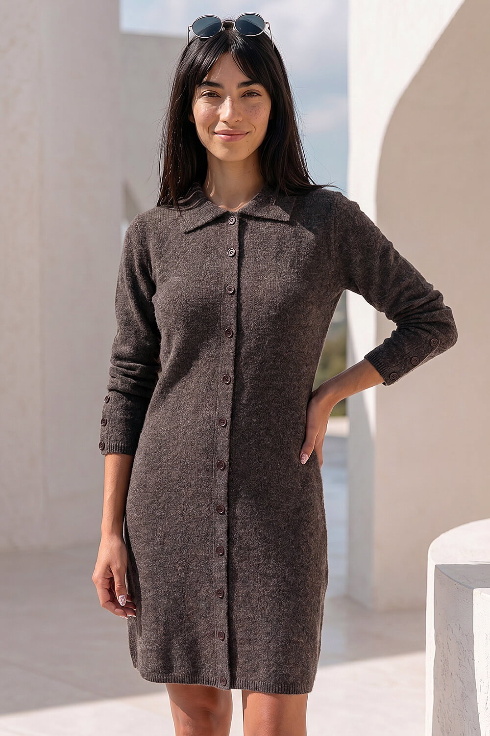 Chocolate Petite Button Collar Knit Dress, Image 1 of 4