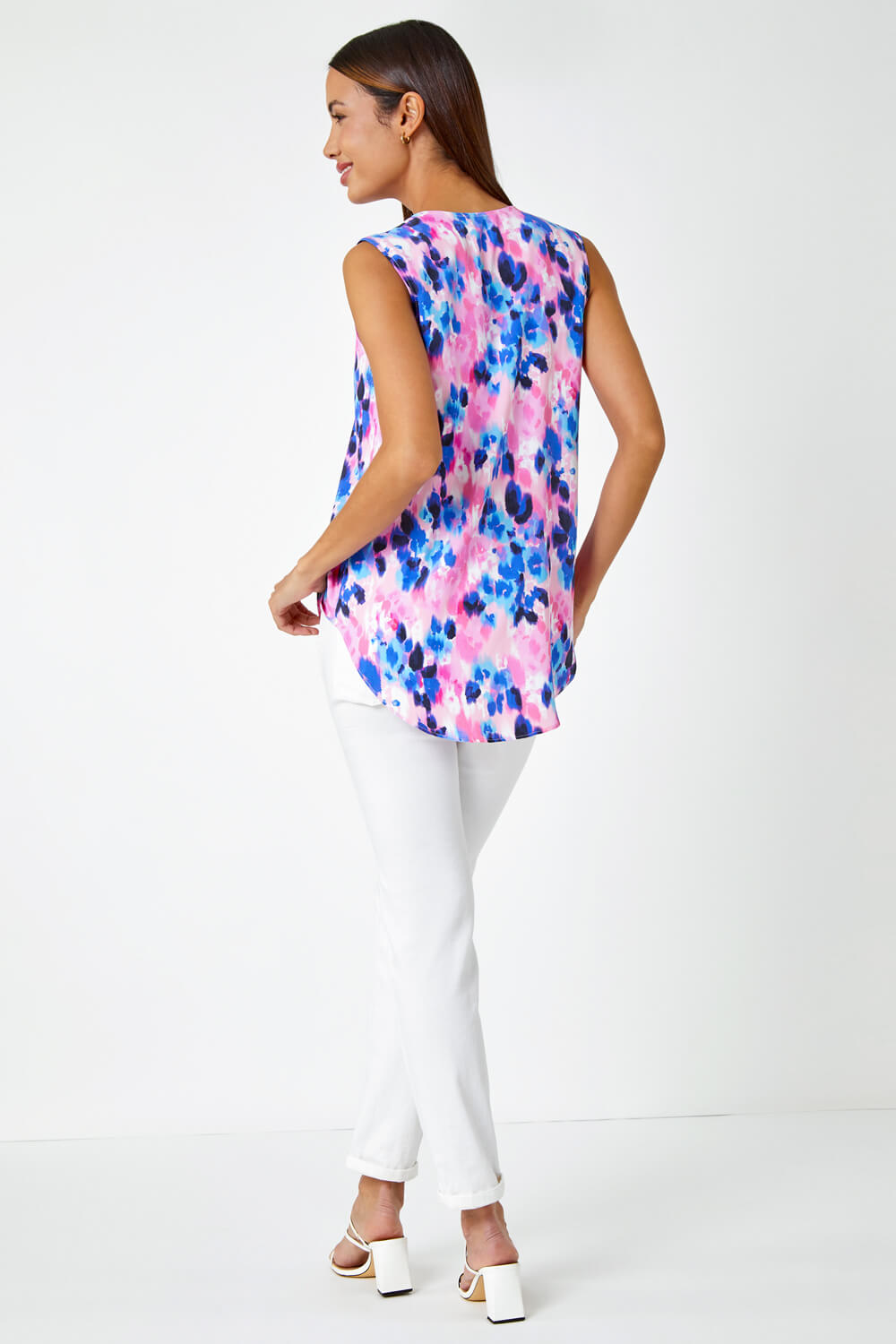 Pink Sleeveless V-Neck Floral Pleat Front Top, Image 4 of 5