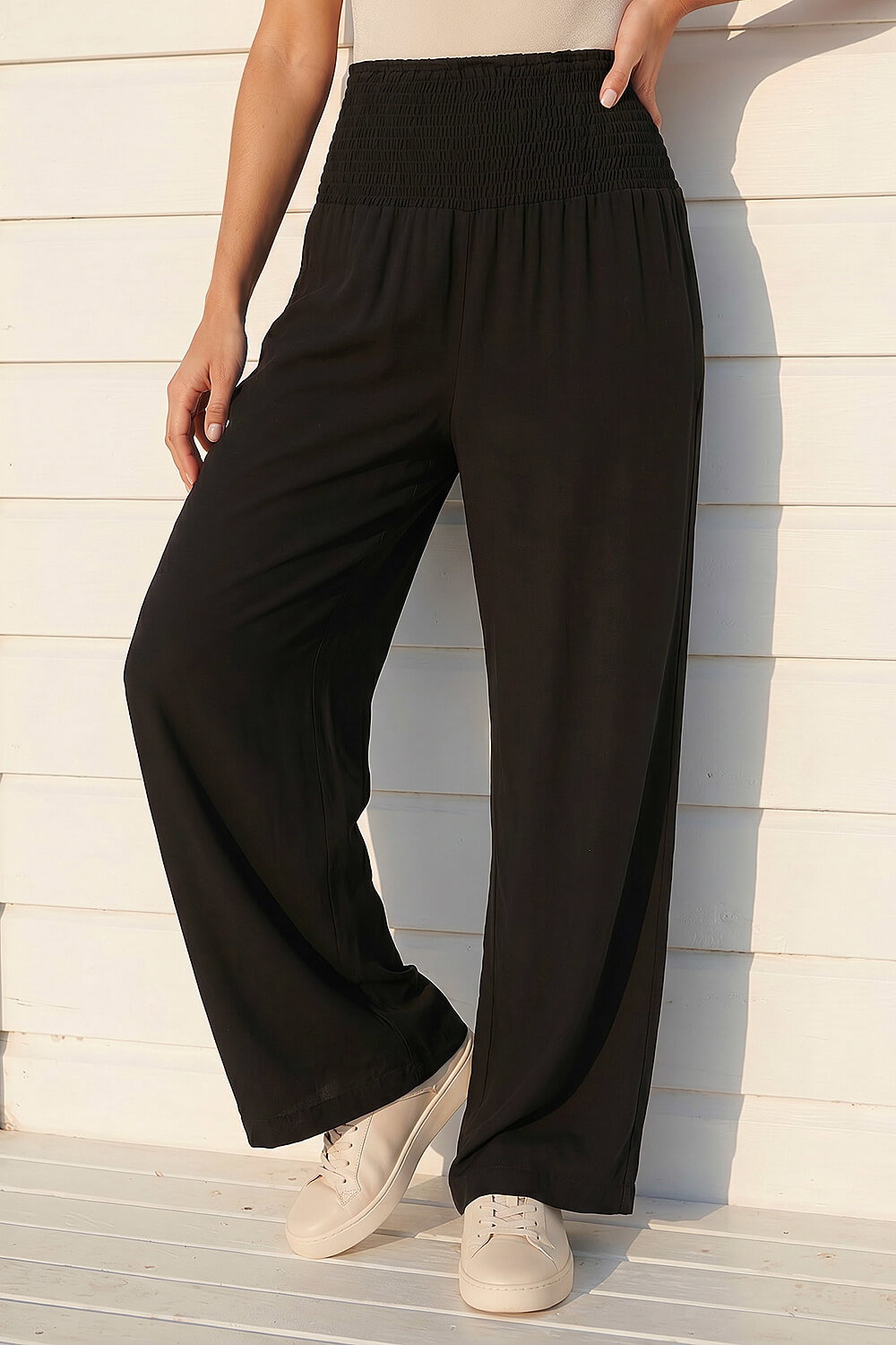 Black Shirred Wide Leg Trouser, Image 1 of 4