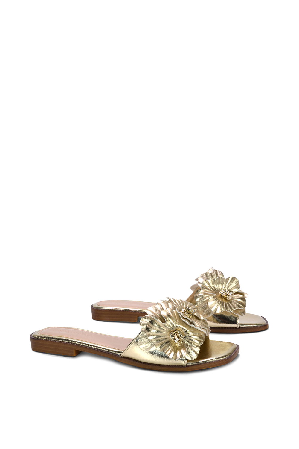 Gold XY LONDON Gold Flat Slip On Slider Sandals With Floral Detail, Image 3 of 6