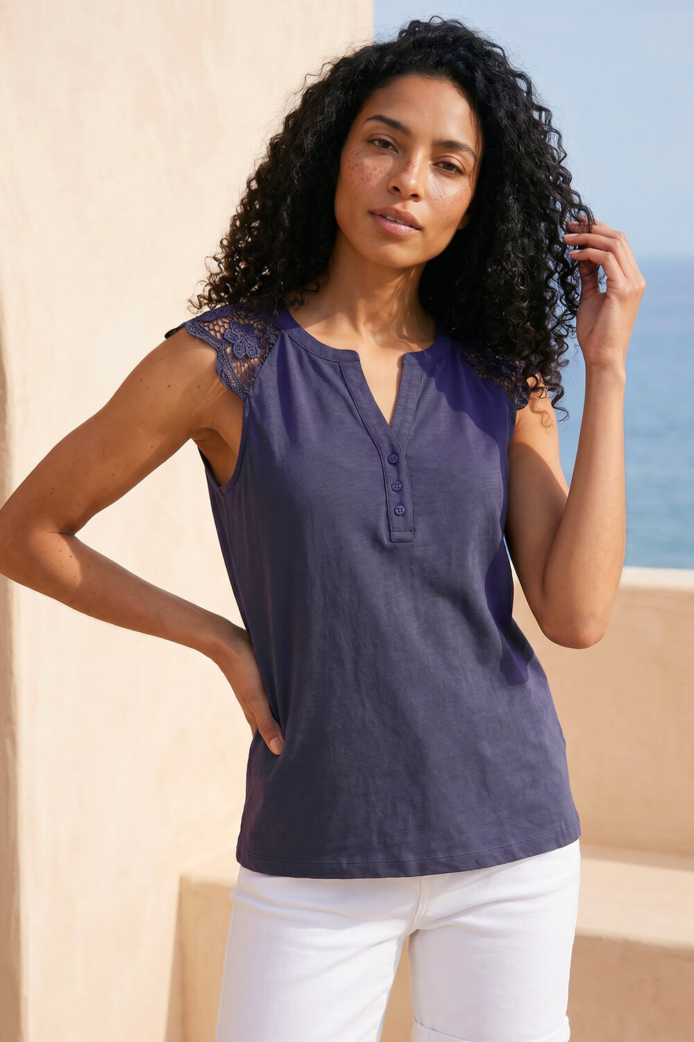 Navy Lace Shoulder Vest Top, Image 1 of 4