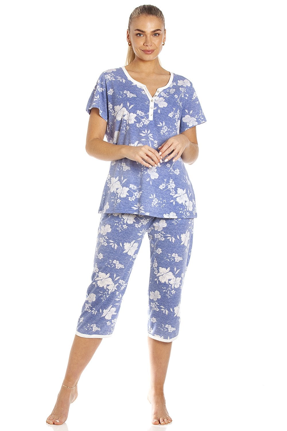 Light Blue Camille Lingerie Light Blue Lightweight Floral Capri Pyjama Set, Image 1 of 5