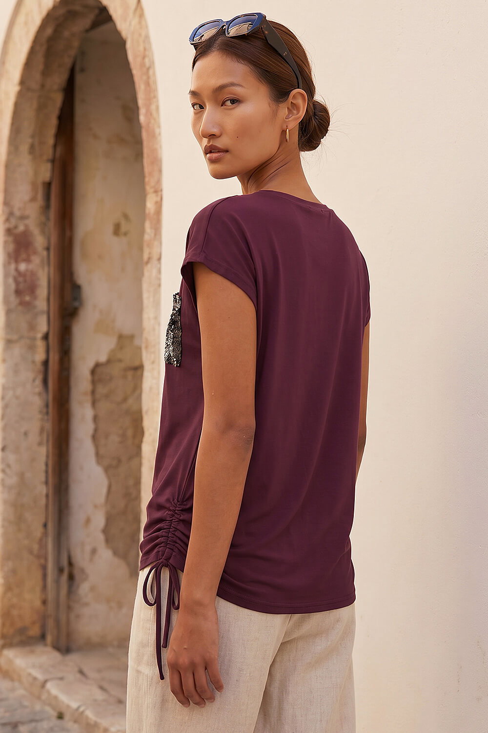 Burgundy Sequin Pocket Side Ruched T-Shirt, Image 4 of 4
