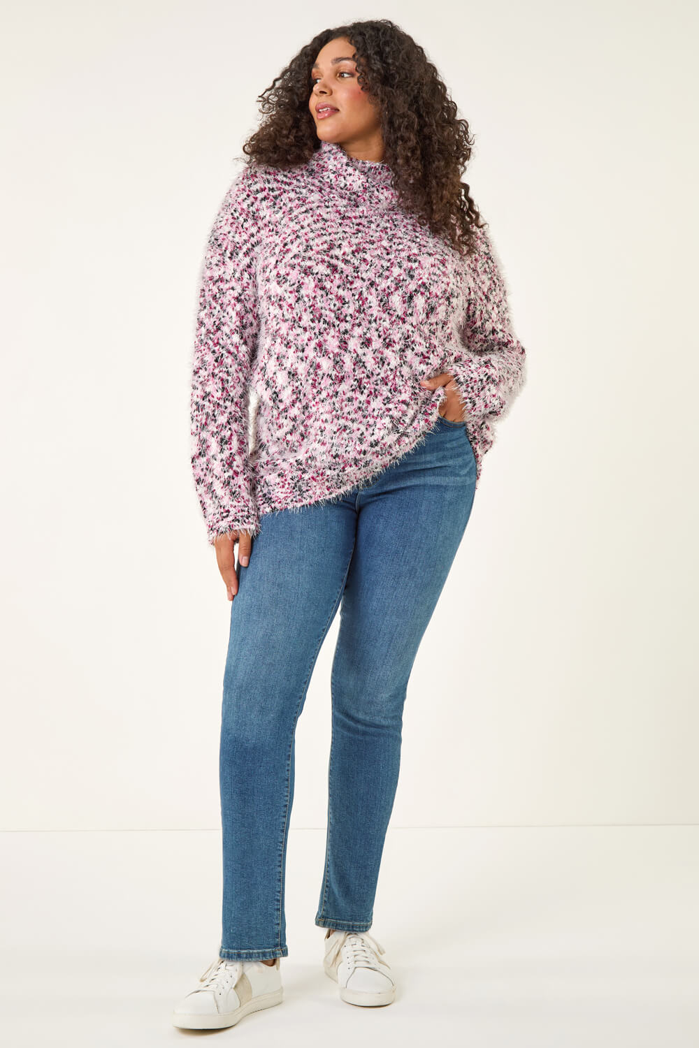 Purple Curve Fluffy Roll Neck Knit Jumper, Image 3 of 5